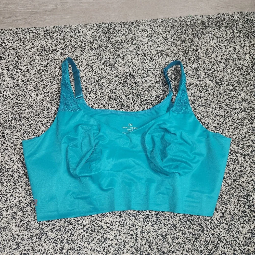 Ruby Ribbon Blue Green Teal Lace Bra Size 48 Wireless Adjustable Straps Seamless